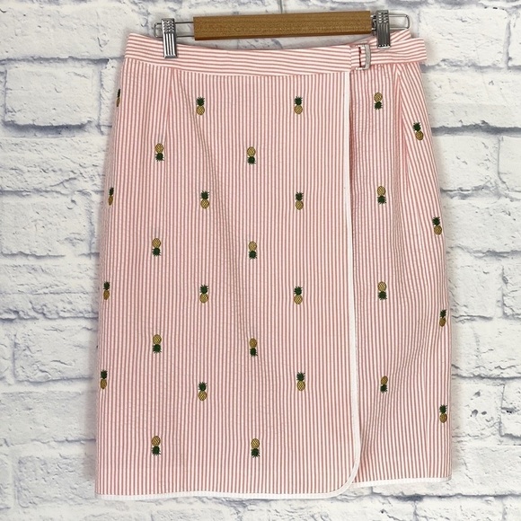 Brooks Brothers coral seersucker embroidered pineapple skirt 4 - Picture 1 of 6